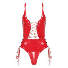(XL, Red C) Womens Lingerie Nipples Cups Exotic Teddies Leather Halter Crop Top Zippered Crotch High Cut Bodysuit Wet Look Clubwear Costumes