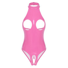 (XXXXXL, Pink D) Womens Lingerie Nipples Cups Exotic Teddies Leather Halter Crop Top Zippered Crotch High Cut Bodysuit Wet Look Clubwear Costumes