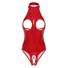 (XXXXXL, Red D) Womens Lingerie Nipples Cups Exotic Teddies Leather Halter Crop Top Zippered Crotch High Cut Bodysuit Wet Look Clubwear Costumes