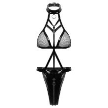 (XXXXXL, Black A) Womens Lingerie Nipples Cups Exotic Teddies Leather Halter Crop Top Zippered Crotch High Cut Bodysuit Wet Look Clubwear Costumes