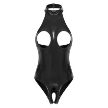(XXXXXL, Black D) Womens Lingerie Nipples Cups Exotic Teddies Leather Halter Crop Top Zippered Crotch High Cut Bodysuit Wet Look Clubwear Costumes