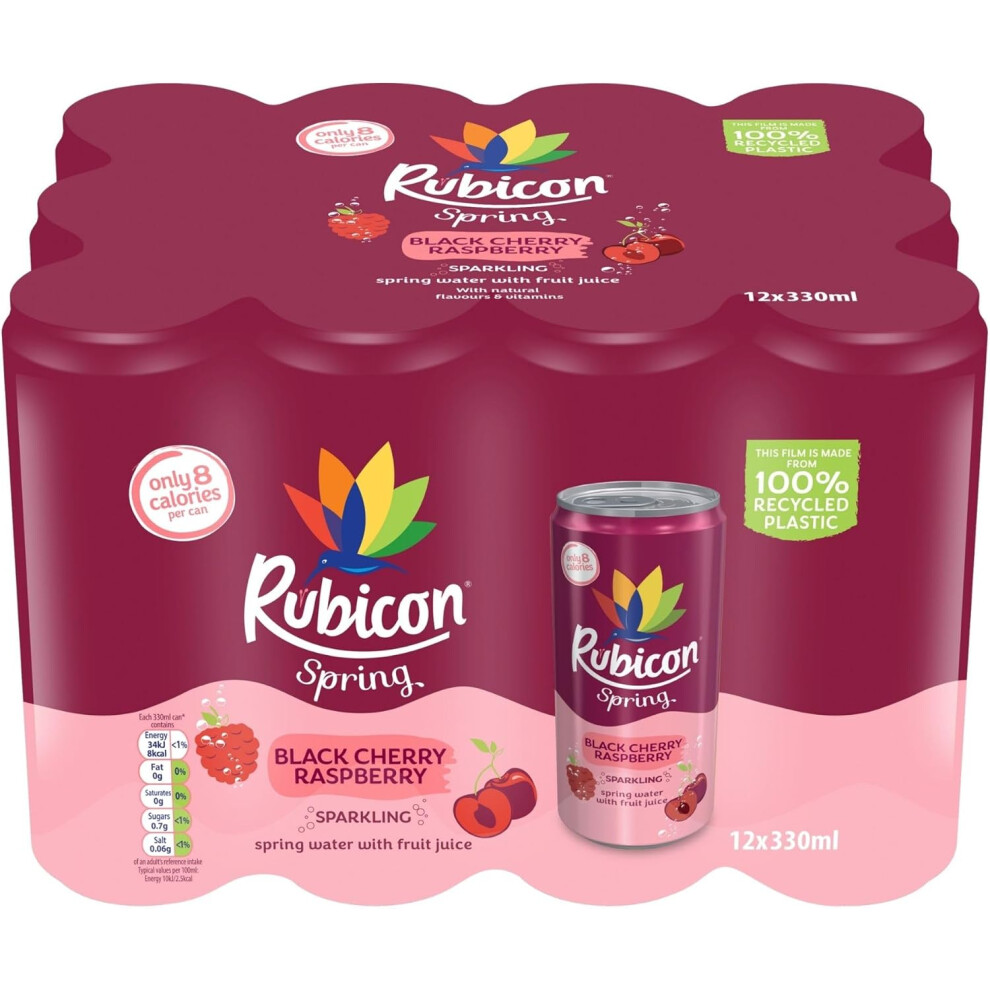 Rubicon Spring 12 Pack Cherry Raspberry Sparkling Water With Real Fruit Juice – 12 X 330Ml Cans Sparkling Spring Water Real Fruit Juice Black
