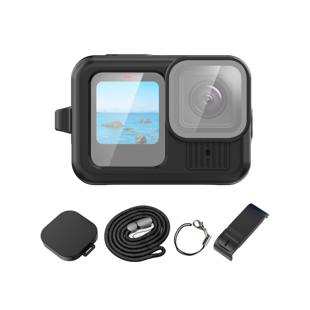 Puluz For Gopro Hero13 Silicone Protective Case Side Interface Cover With Wrist Strap & Lens Cover (Black) Black