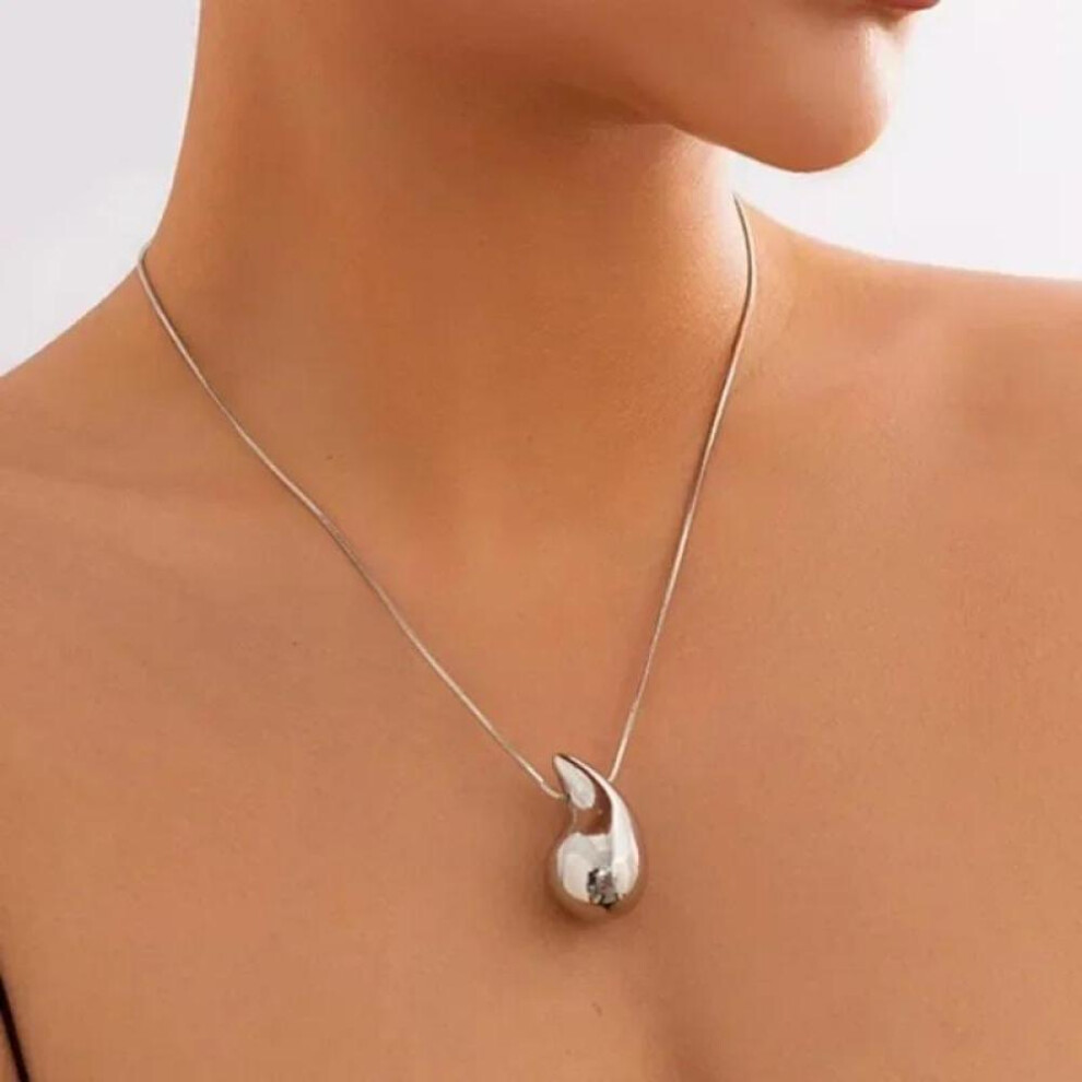 (Silver) Vintage Gold Color Plated Chunky Dome Drop Necklaces for Women Fashion Glossy Thick Teardrop Necklace Jewelry Gifts Wholesale