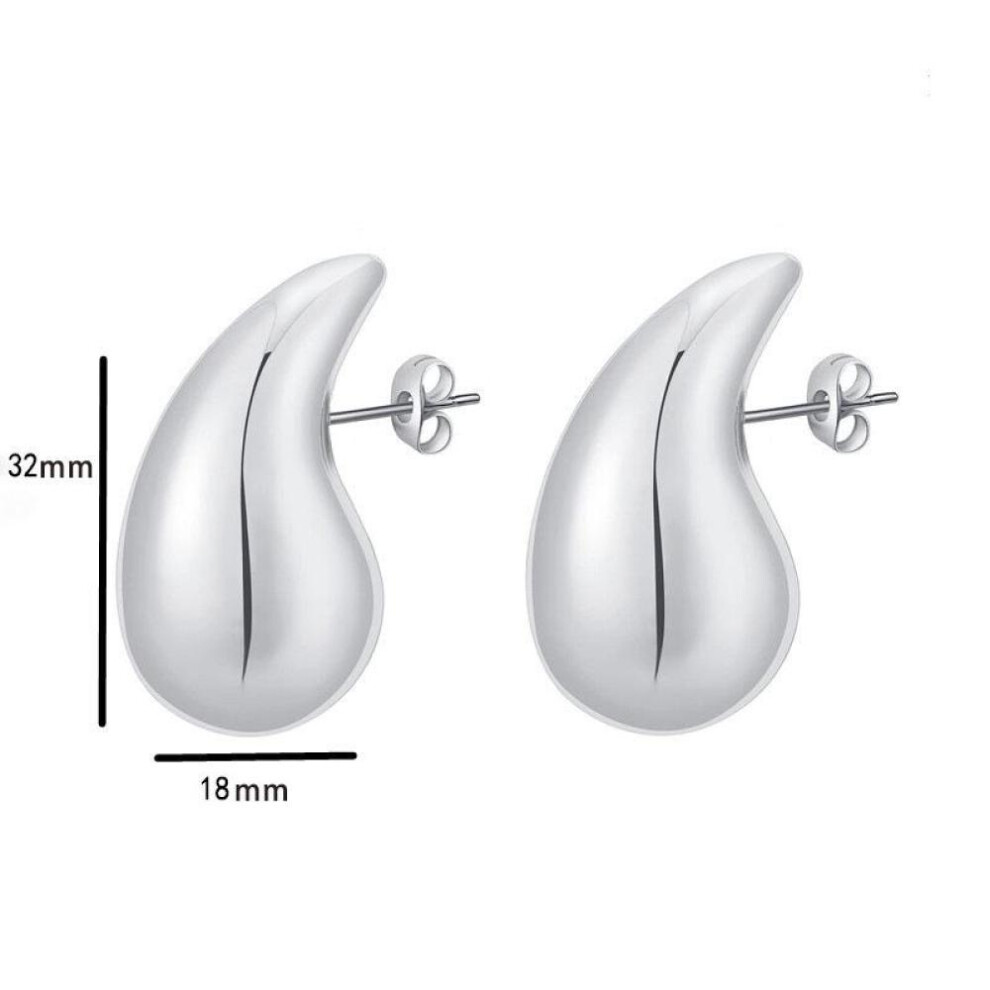(Silver) Vintage Gold Color Plated Chunky Dome Drop Earrings for Women Glossy Stainless Steel Thick Teardrop Earring Jewelry