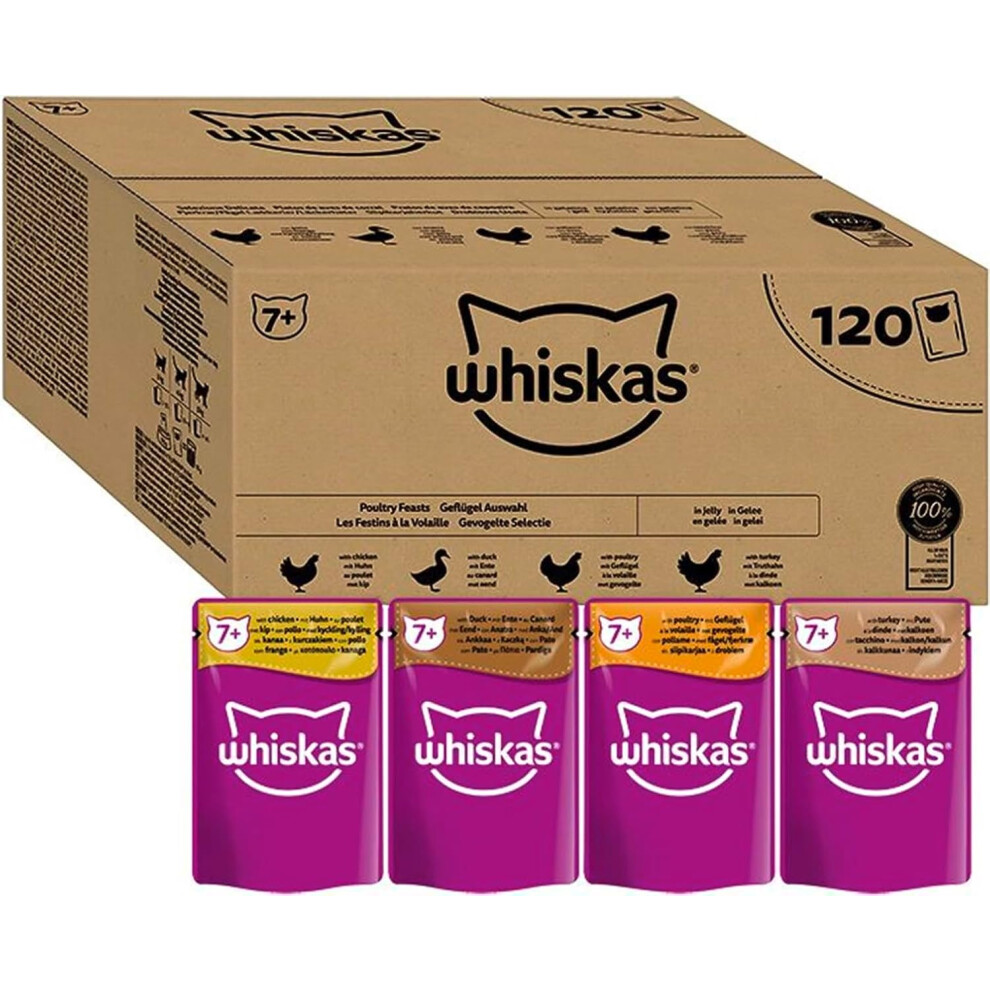 Whiskas 7+ Senior Poultry Selection in Jelly 120 Pouches, Senior Wet Cat Food, Megapack (120 x 85 g)