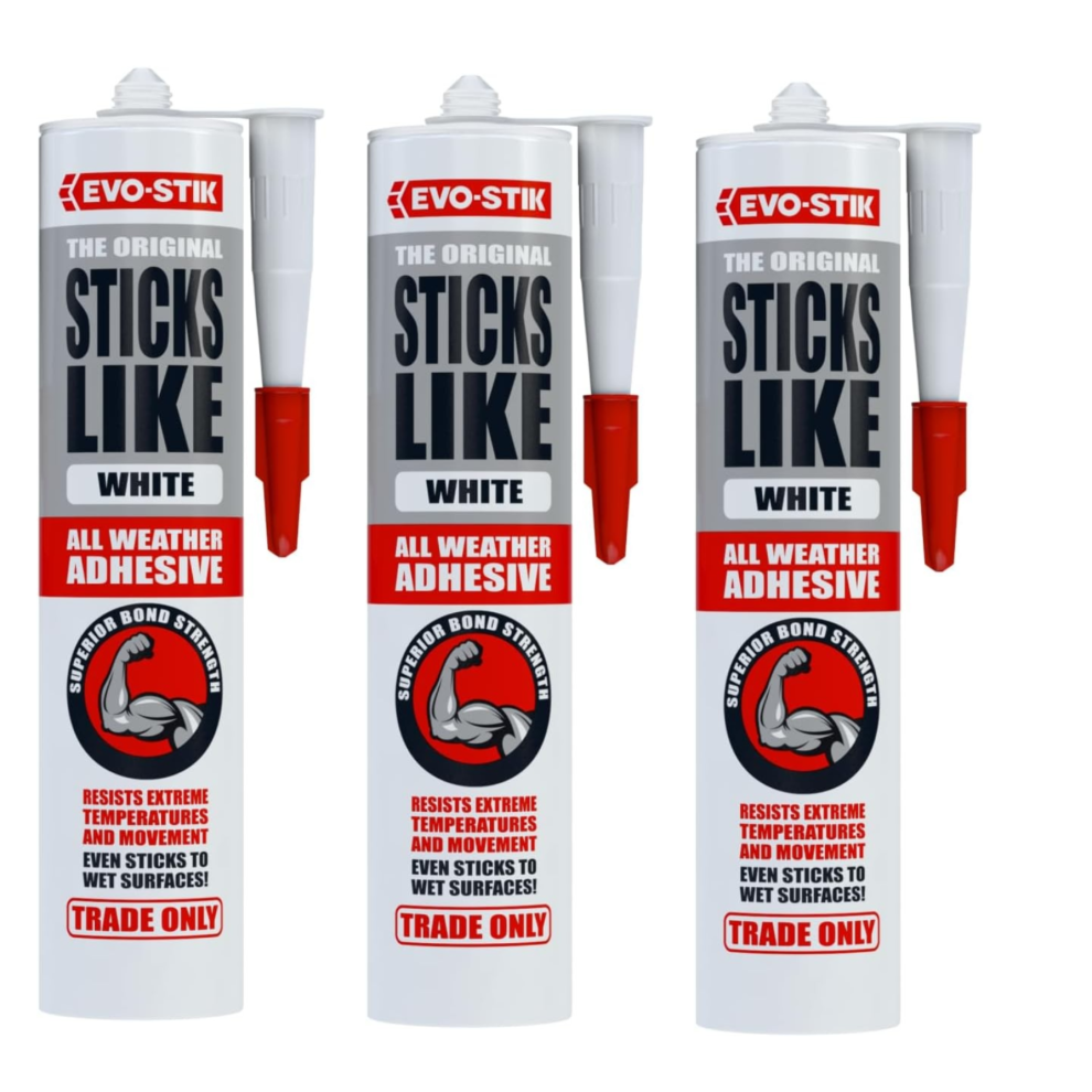 (3 x Adhesive WHITE) 3 x 290ml Evo-Stik Sticks Like Adhesive & Sealant