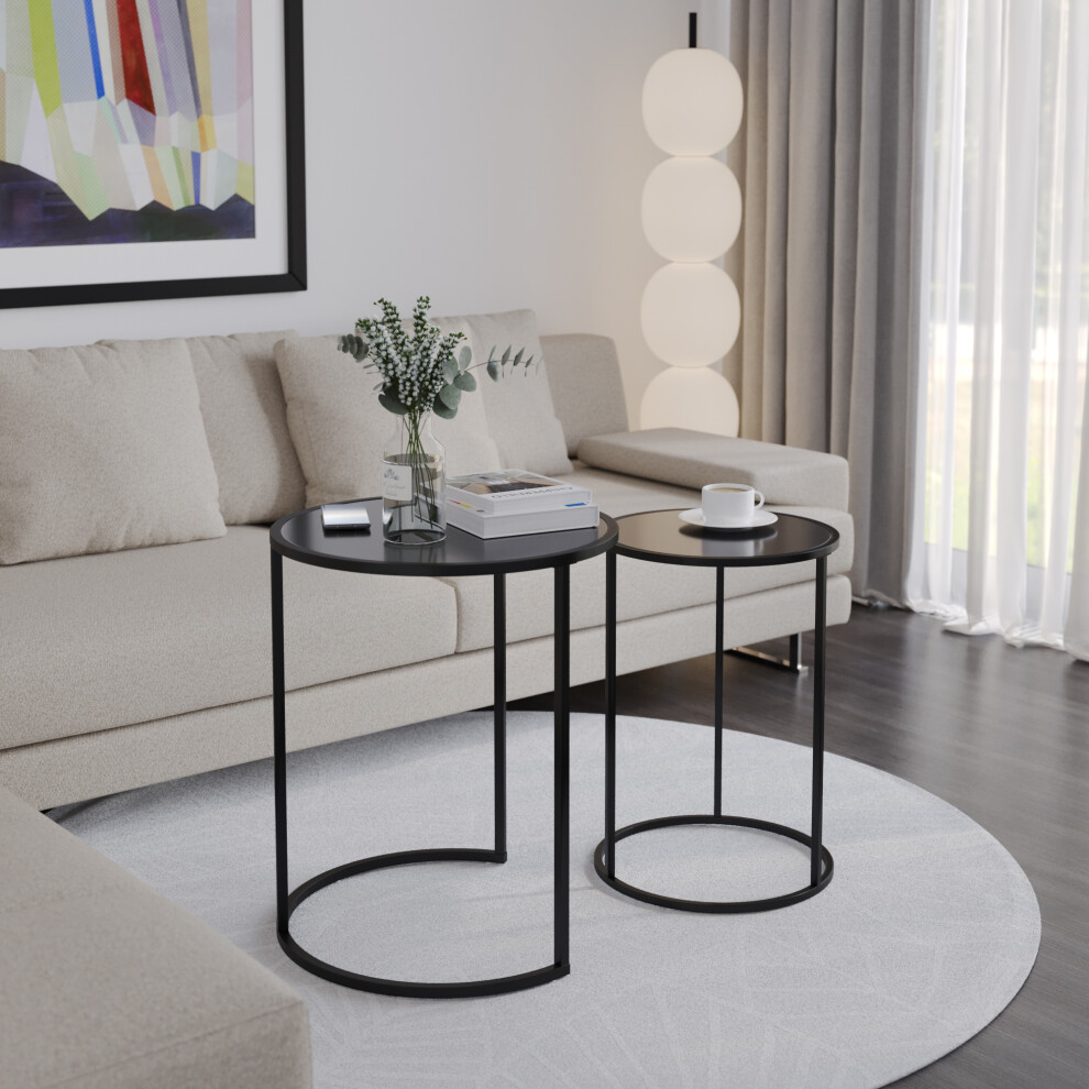 (Black Legs Black Glass) 2 Pcs Round Nesting Side Tables Set Tempered Glass Top Metal Leg Coffee Tables