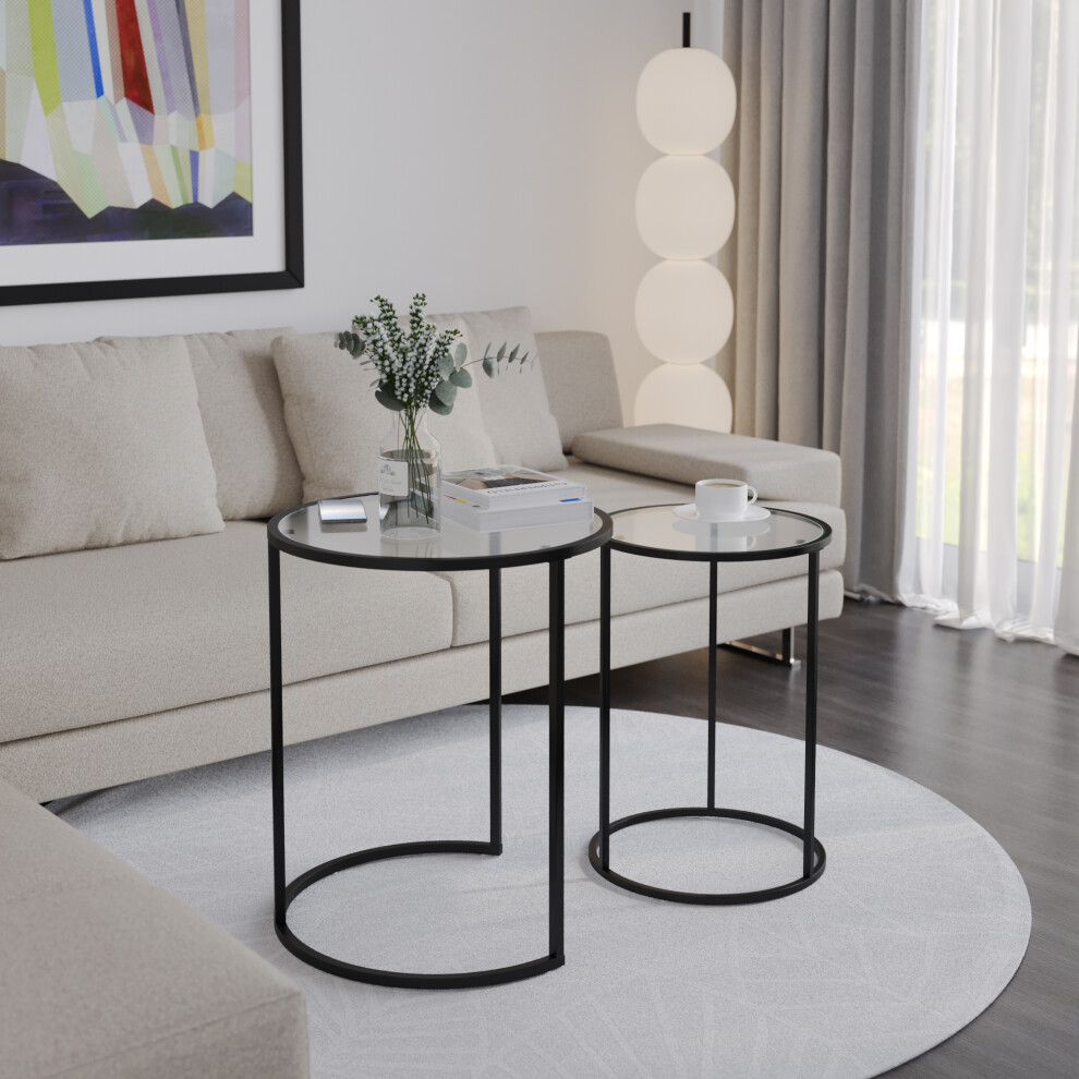 (Black Legs Transparent Glass) 2 Pcs Round Nesting Side Tables Set Tempered Glass Top Metal Leg Coffee Tables