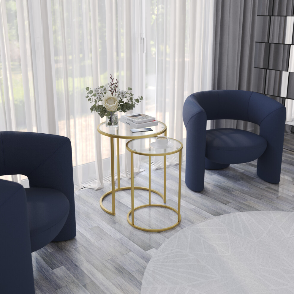 (Gold Legs Transparent Glass) 2 Pcs Round Nesting Side Tables Set Tempered Glass Top Metal Leg Coffee Tables