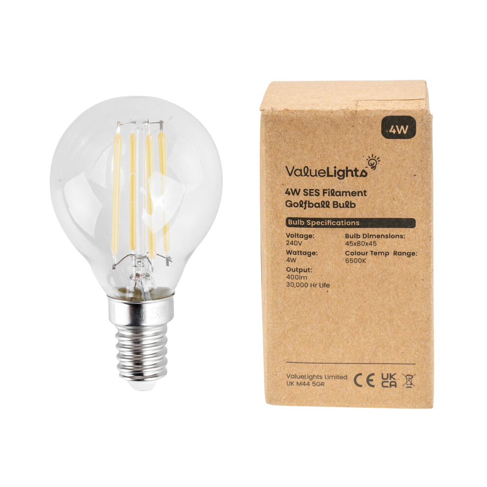 Pack of 2 Retro Style 4w LED Filament SES E14 Clear Golfball Light Bulbs [6500K Cool White]