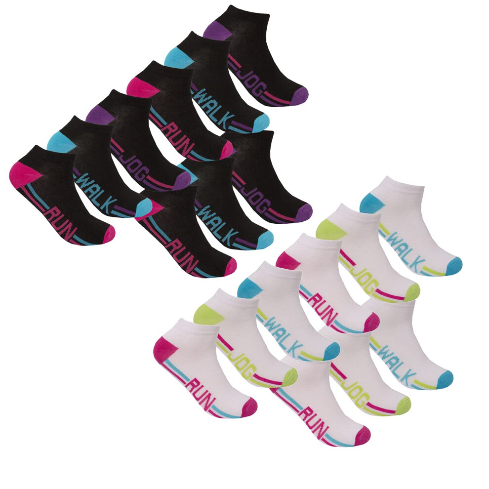 (White & Black - 18 Pairs, 4-8) Ladies Ankle Socks (6, 9 & 18 Pairs) Cotton Rich Sports Trainer Liner - Size 4-8