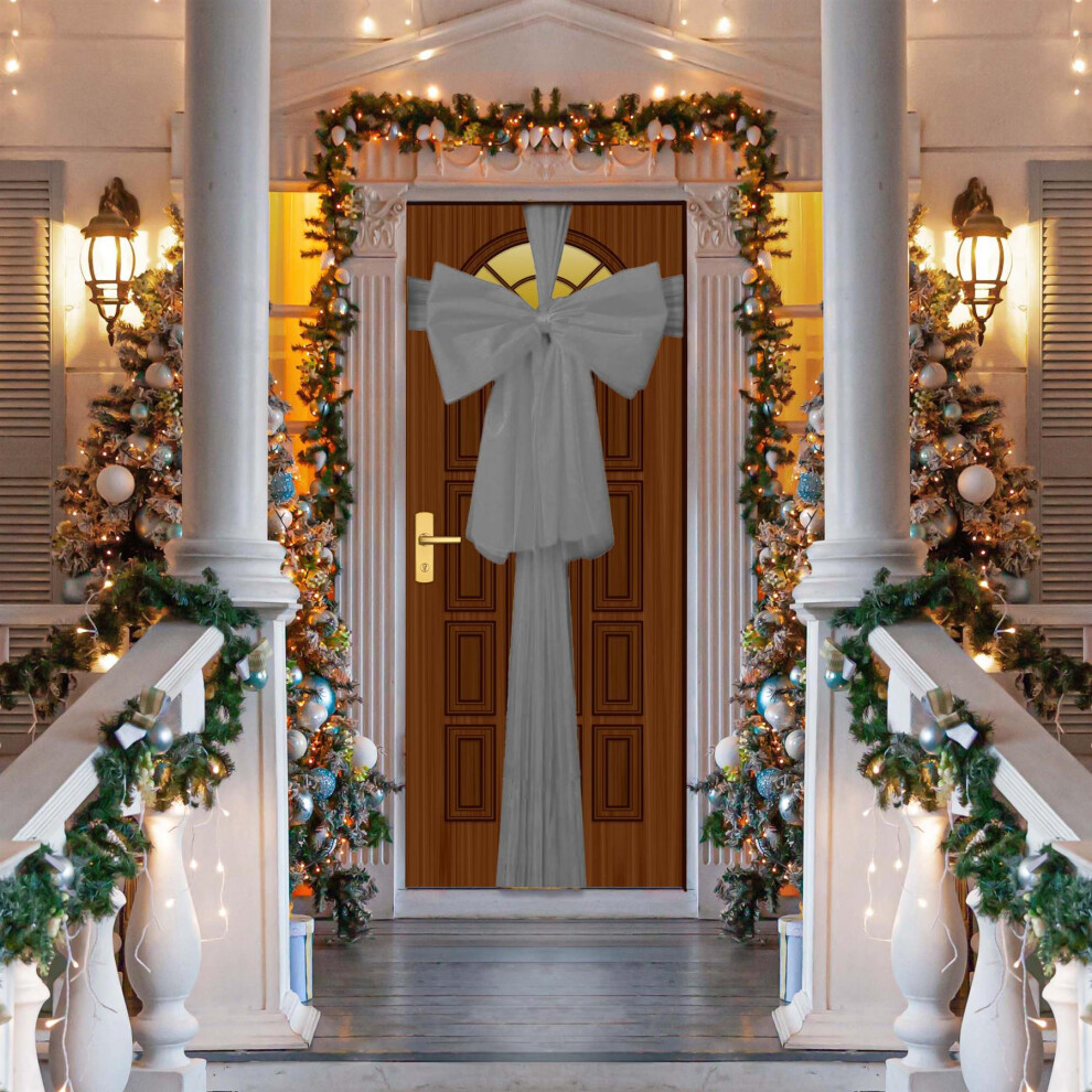 (1PC) 900cm Christmas Door Bow Ribbon Giant Silver Xmas Festive Décor