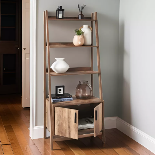 Tall 2-Door Ladder Bookcase - 4-Tier Shelves Display Storage Unit 1