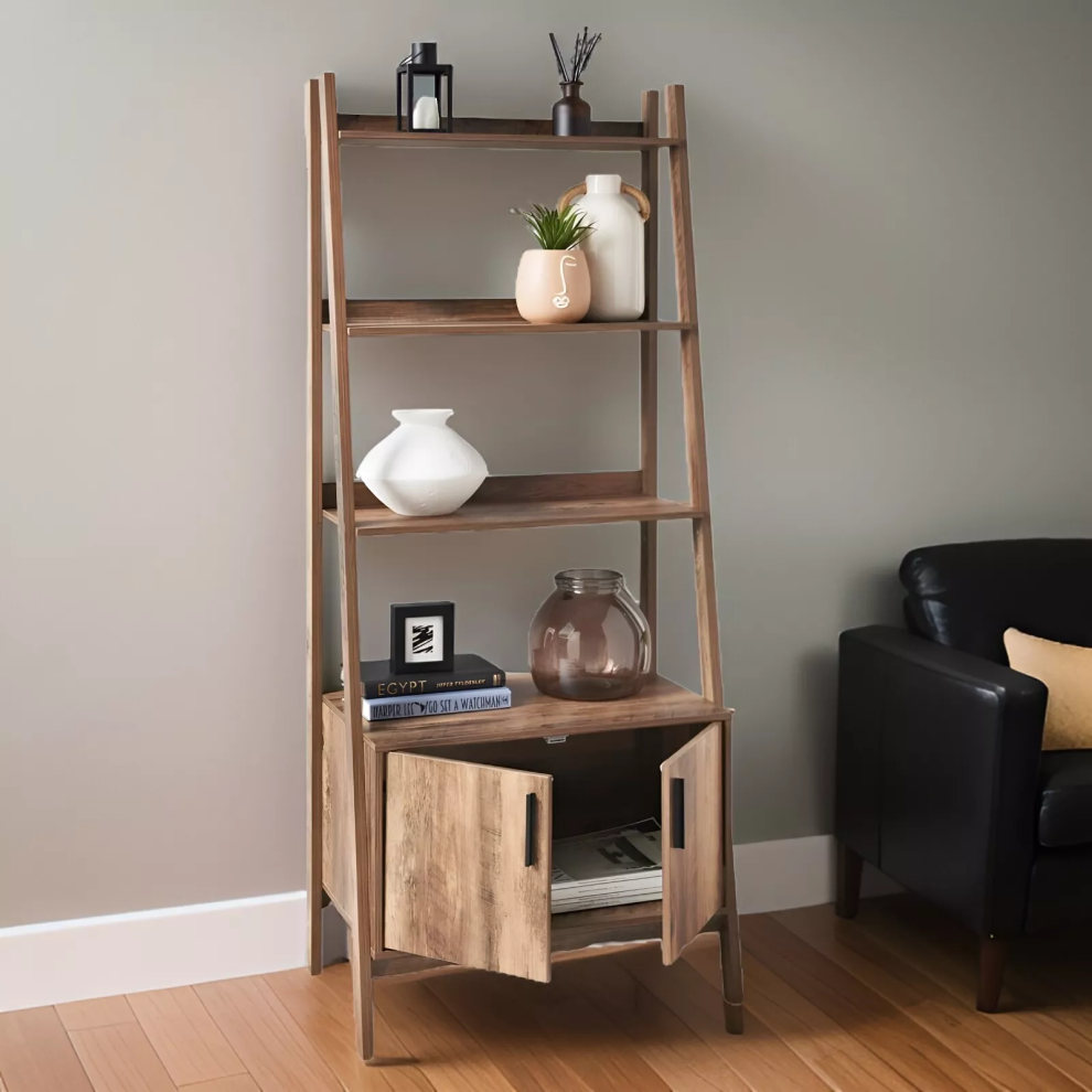 Tall 2-Door Ladder Bookcase - 4-Tier Shelves Display Storage Unit