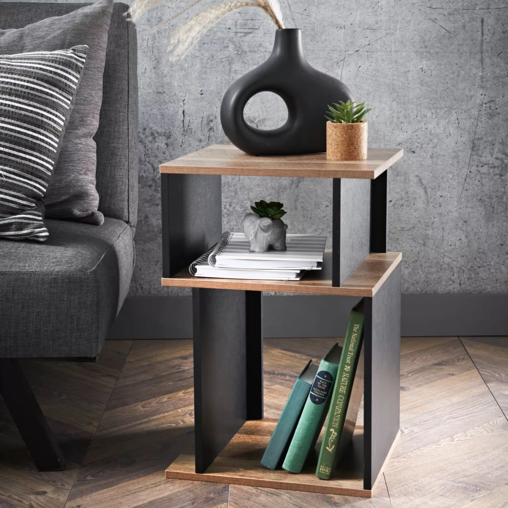 Rustic Oak & Black 3-Tier End Table - Small Side Table for Living Room