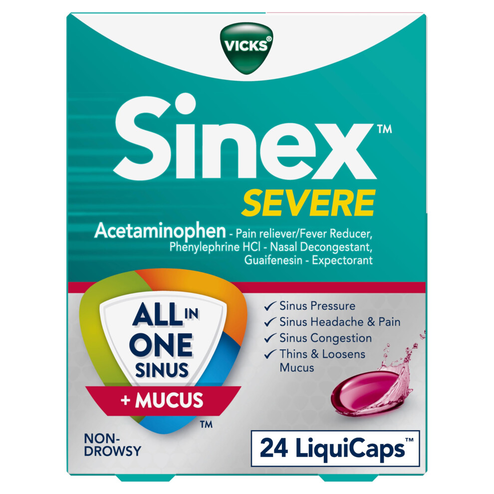 Vicks Sinex SEVERE  AllInOne Sinus  Mucus Relief  NonDrowsy  Loosens Mucus  Maximum Strength Relief of Pain  Pressure  Conge