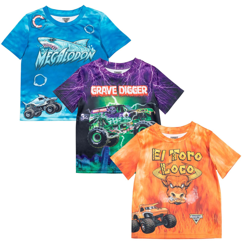 Monster Jam Megalodon El Toro Loco Grave Digger Monster Truck Toddler Boys 3 Pack TShirts OrangePurpleBlue 4T