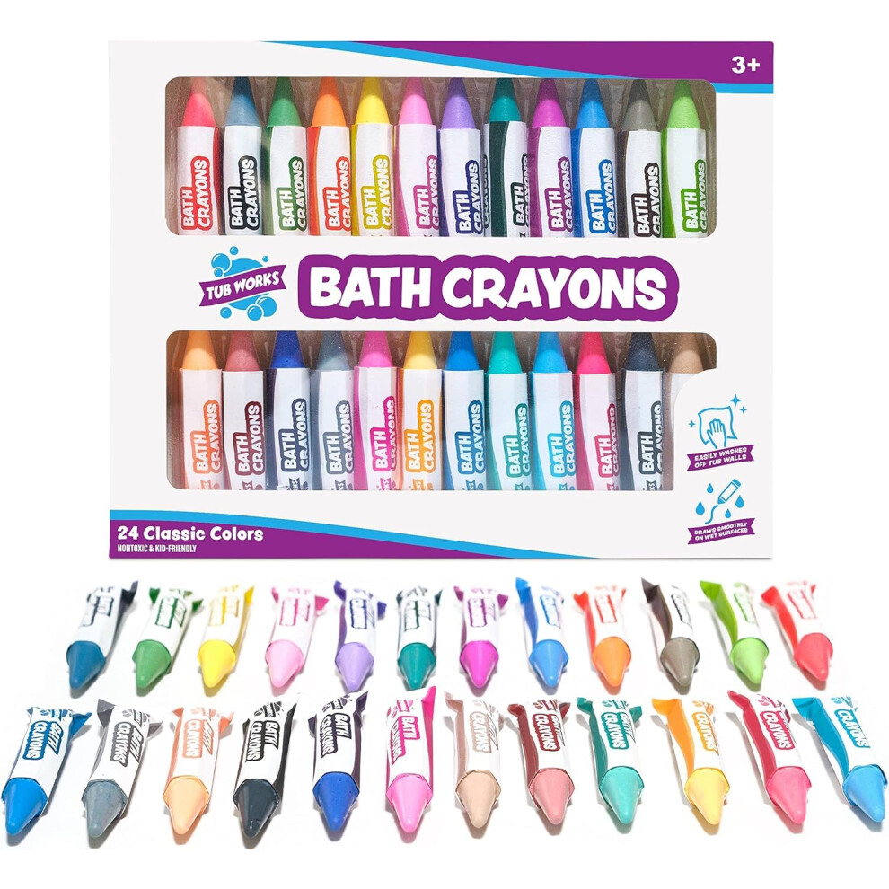 Tub Works Smooth Bath Crayons Bath Toy  24 Pack  Nontoxic  Washable Bath Crayons for Toddlers  Kids  Unique Formula Draws Smo