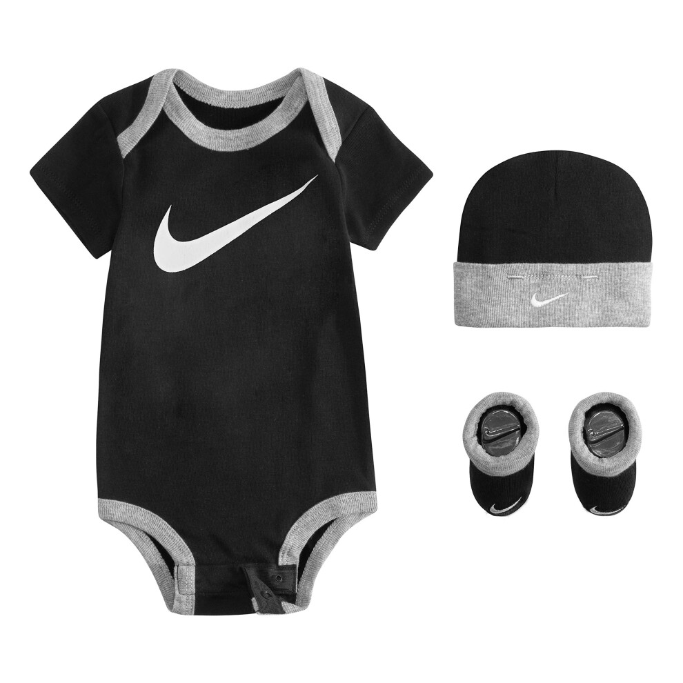 Nike Baby Hat  Bodysuit and Booties 3Piece Gift Box Set  Black Swoosh  612M