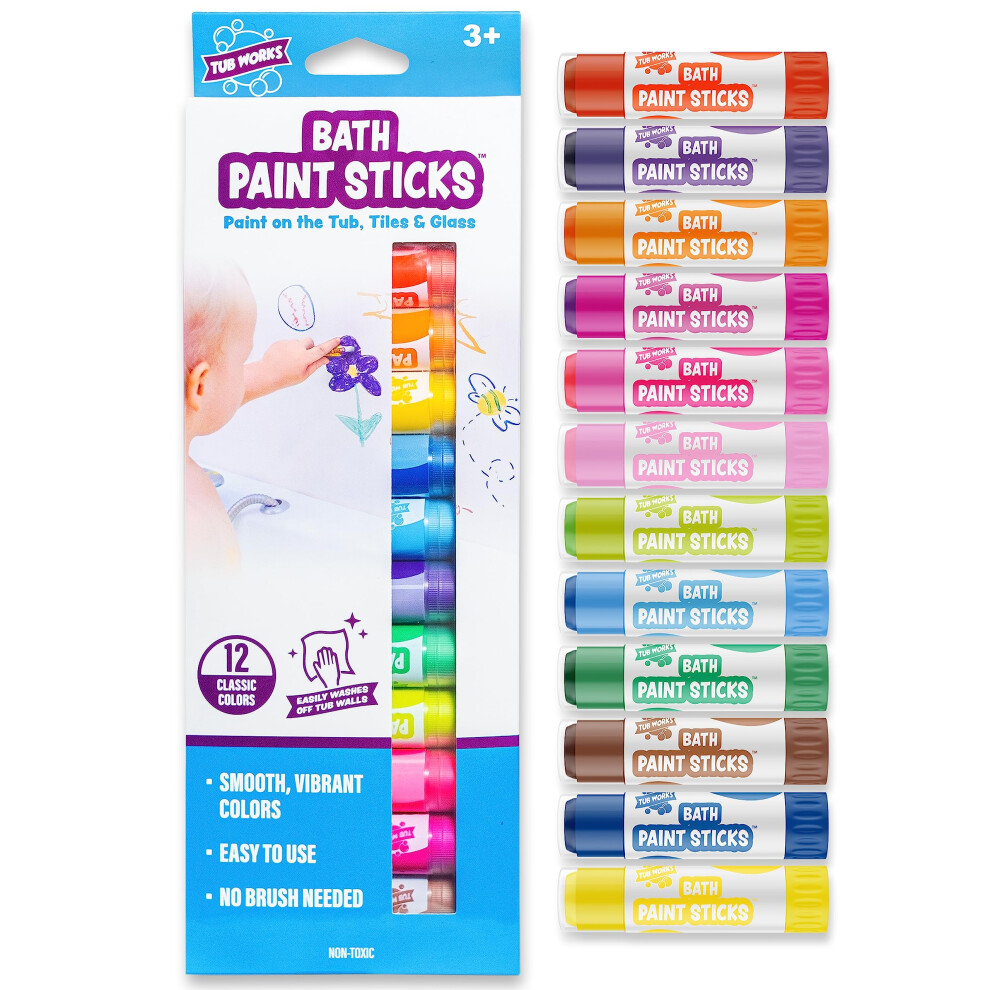 Tub Works Bath Paint Sticks Bath Toy  12 Count  Nontoxic  Washable Bathtub Paint for Kids  Toddlers  Twistable Sticks Draw Sm