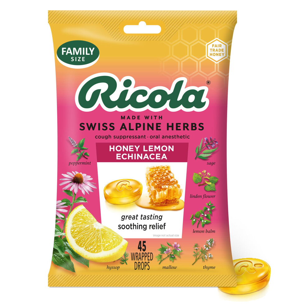 Ricola Honey Lemon with Echinacea Cough Drops  45 Count  Delicious Throat Relief  Care  Oral Anesthetic  Naturally Flavored