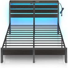 Rolanstar Bed Frame Full Size with USB Charging Station LED Bed Frame with Wood Storage Headboard Black Metal Platform Bed wit