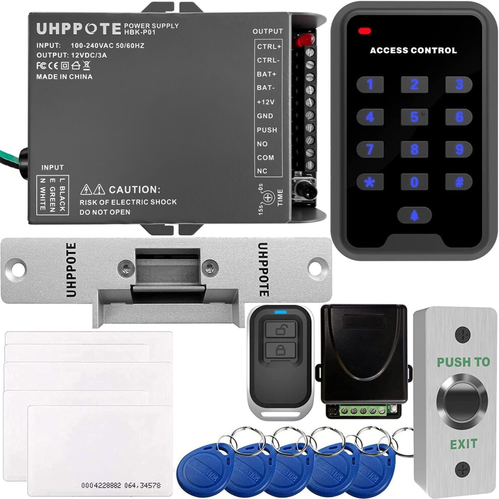 Uhppote 125Khz Rfid Em Id Keypad Standalone Door Access Control Kit With Strike Lock Remote Control Exit Button 701385688820
