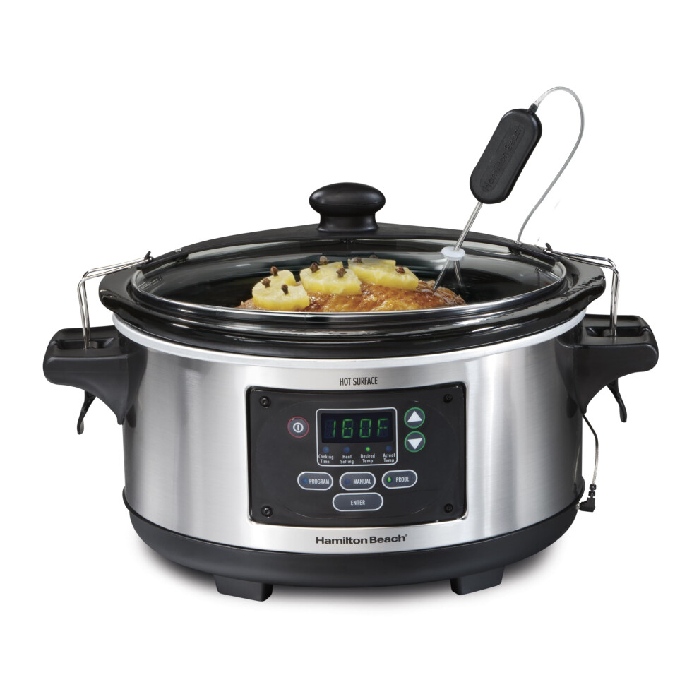 Hamilton Beach Portable 6 Quart Set  Forget Digital Programmable Slow Cooker Lock  Dishwasher Safe Crock  Lid  Temperature Pro