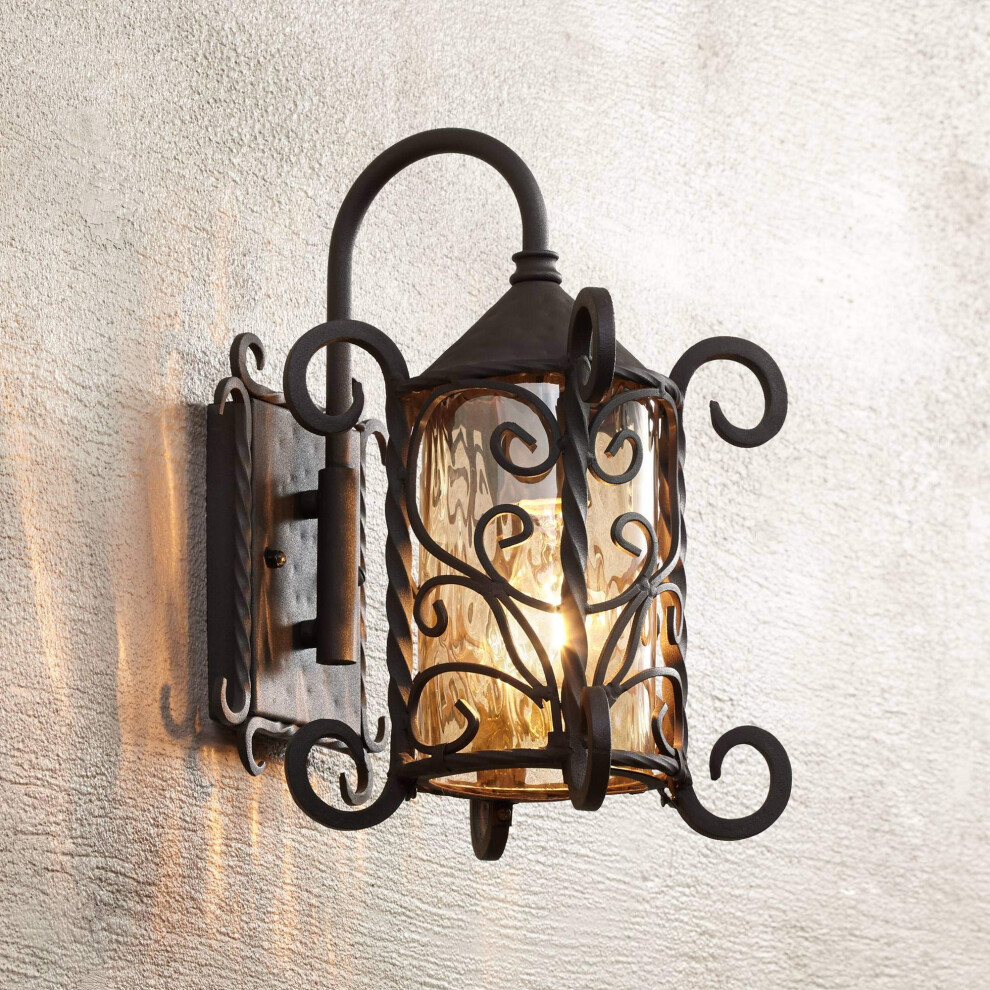 John Timberland Casa Seville Rustic Outdoor Wall Light Fixture Dark Walnut Scroll 13 14 Champagne Hammered Glass for Exterior