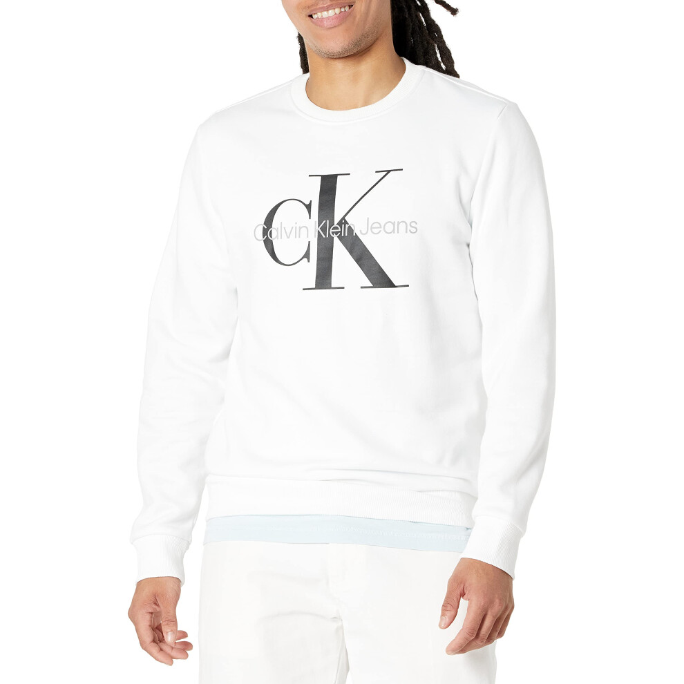 Calvin Klein Mens Monogram Logo Crewneck Sweatshirt  Brilliant White  Small