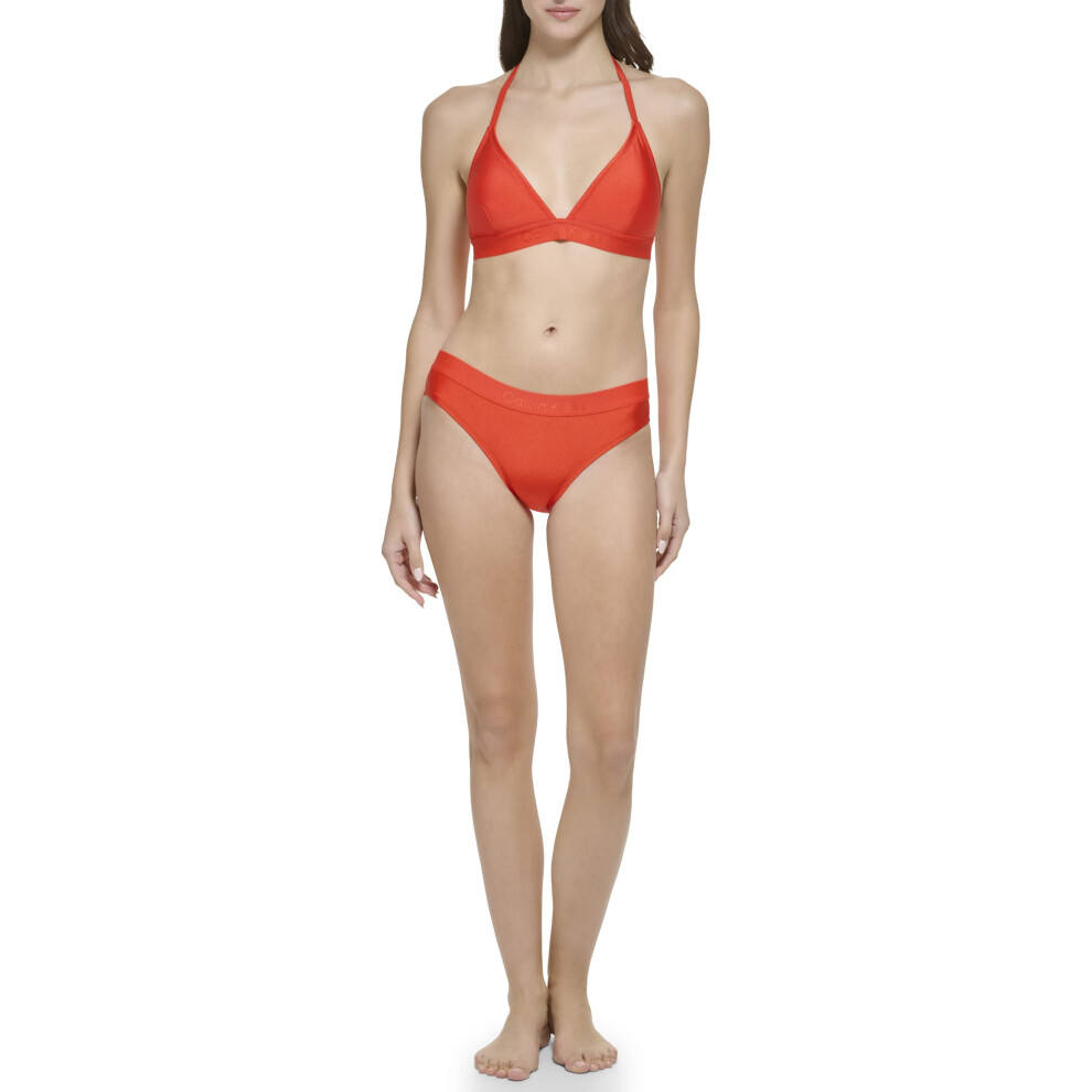 Calvin Klein Womens Standard Removable Soft Cups Bottom Fabric Halter Tie Bikini Top 2 Piece Set  Bright Vermillion Shimmer