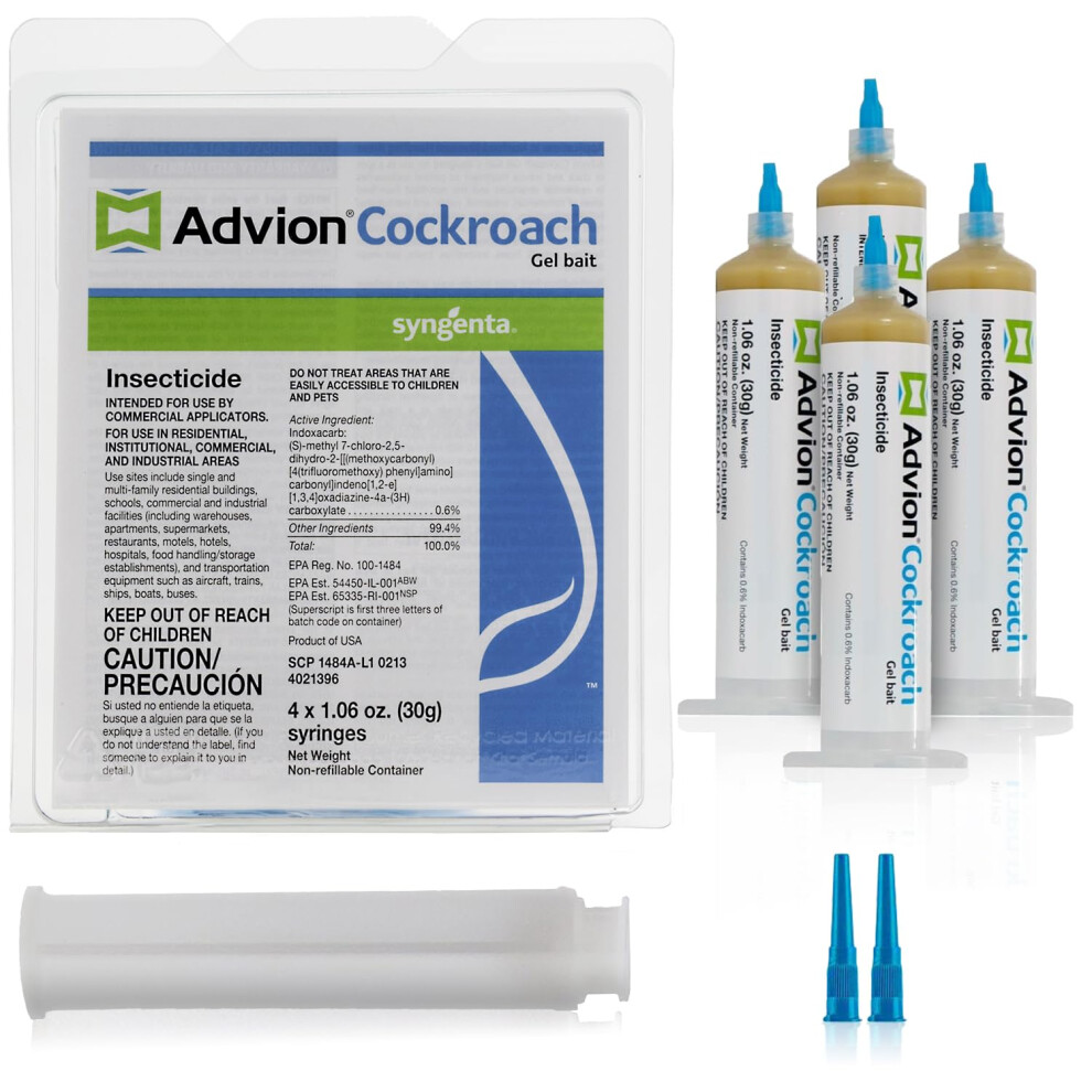 Advion Cockroach Gel Bait  4 Tubes x 30Grams  1 Plunger and 2 Tips  German Roach Insect Pest Control  Indoor and Outdoor Use  R