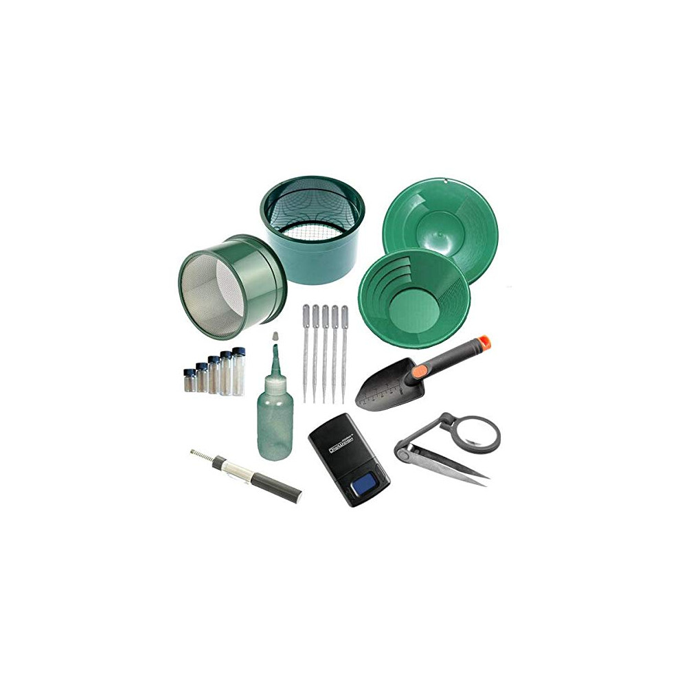 M10 Gold Panning Kit 12 pan 10 pan vials  Tweezers  Trowel  Magnet  Sniffer Bottle 5 Sniffer Tweezers  10  4 Mesh classifi