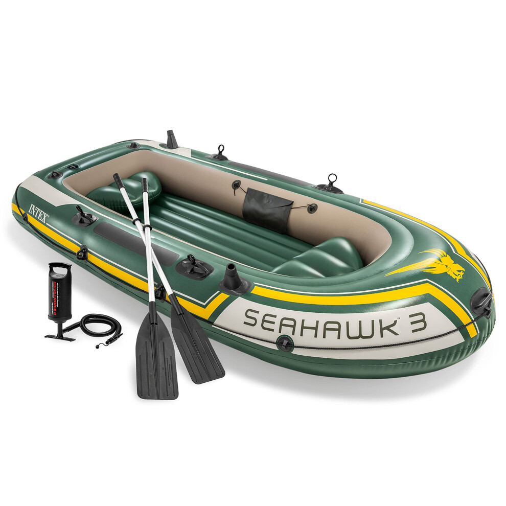Intex Seahawk 3 Person Heavy Duty Inflatable Rafting and Fishing Boat Set with 2 Aluminum Oars  High Output Air Pump  and Carry