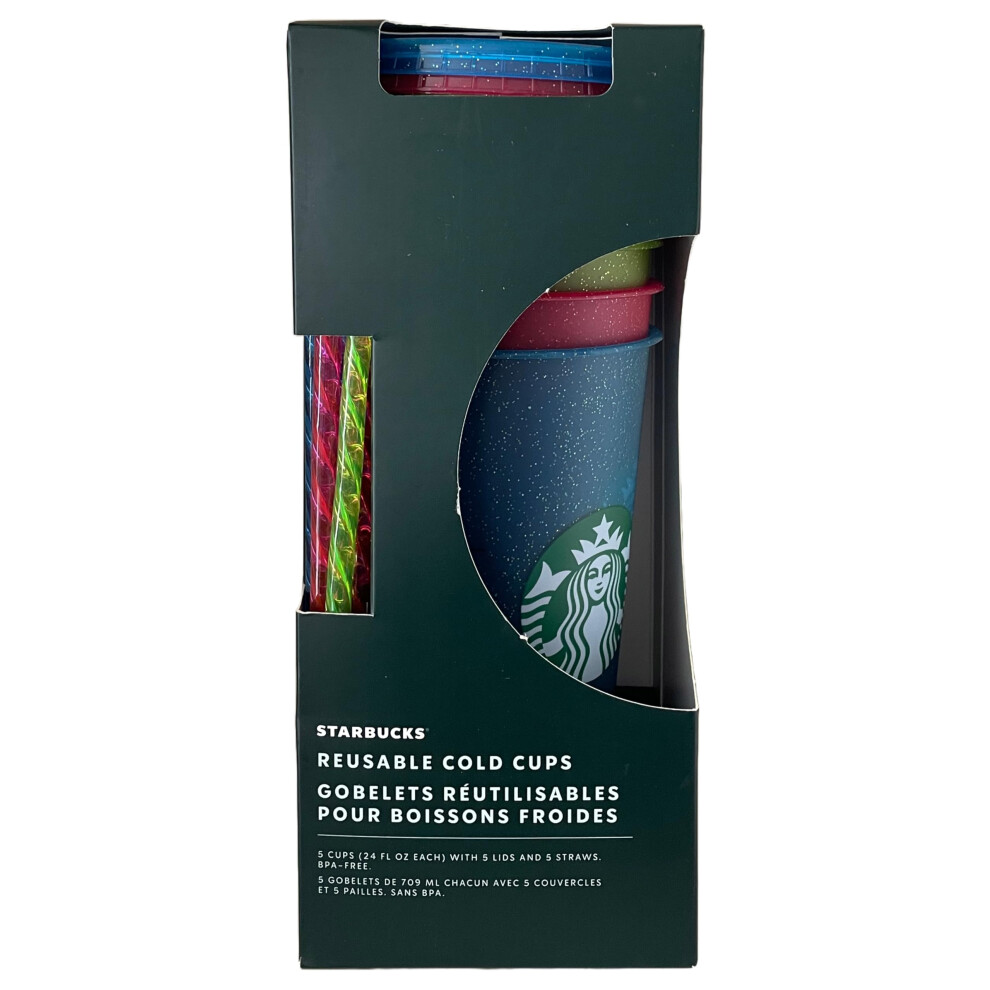 STARBUCKS Reusable Christmas Holiday Cold Cups 2023  Set of 5 Festive Cups with Lid and Straw  Venti  24 Oz  709 ml