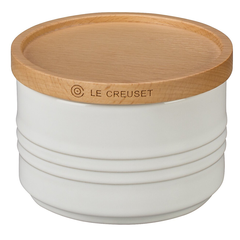 Le Creuset Stoneware Canister with Wood Lid  12 oz 4 diameter  White