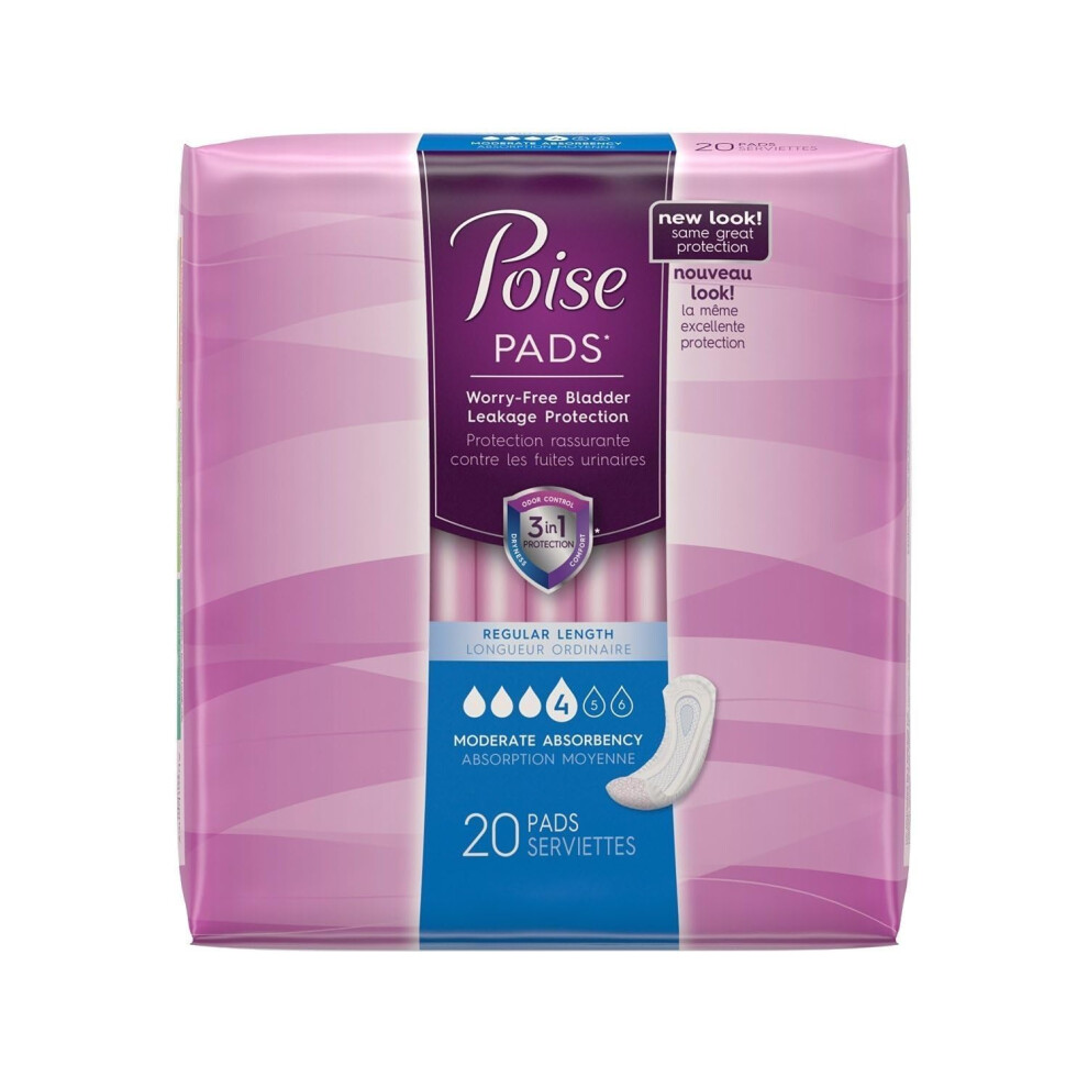 Poise Incontinence & Postpartum Pads For Bladder Leaks, 4 Drop Moderate Absorbency, Regular Length, 20 Count, Packaging May Vary