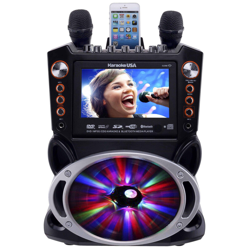 Karaoke USA GF845 Complete Karaoke System with 2 Microphones  Remote Control  7    Color Display  LED Lights  Works with DVD  B