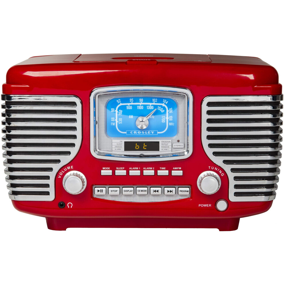 Crosley CR612BRE Corsair Tabletop AMFM Bluetooth Radio with CD Player and Dual Alarm Clock  Red