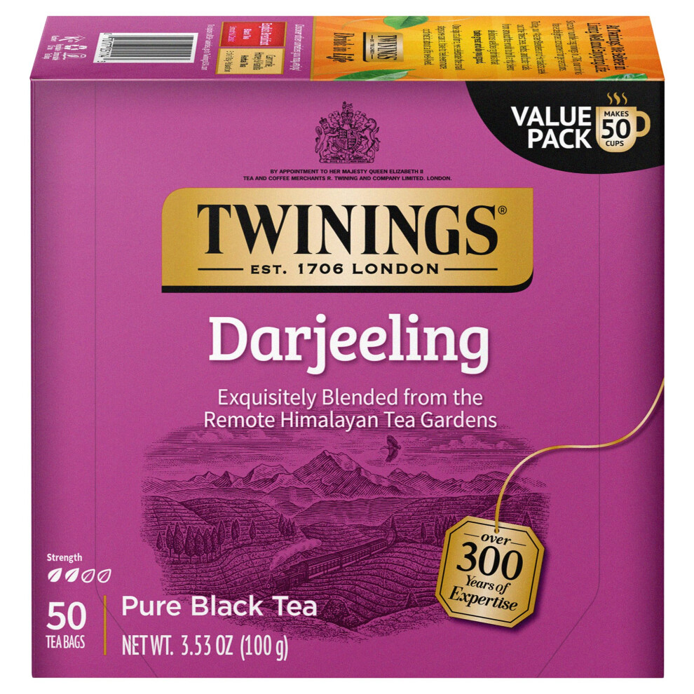 Twinings Darjeeling Black Tea  50 Count Pack of 6  Individually Wrapped Bags  Delicate Light Taste  Caffeinated  Enjoy Hot or