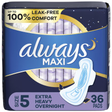 Always Maxi Feminine Pads for Women Size 5 Extra Heavy Overnight Absorbency with Wings Unscented 36 Count