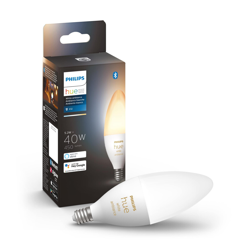 Philips Hue Smart 40W B39 CandleShaped LED Bulb  White Ambiance WarmtoCool White Light  1 Pack  450LM  E12  Indoor  Con