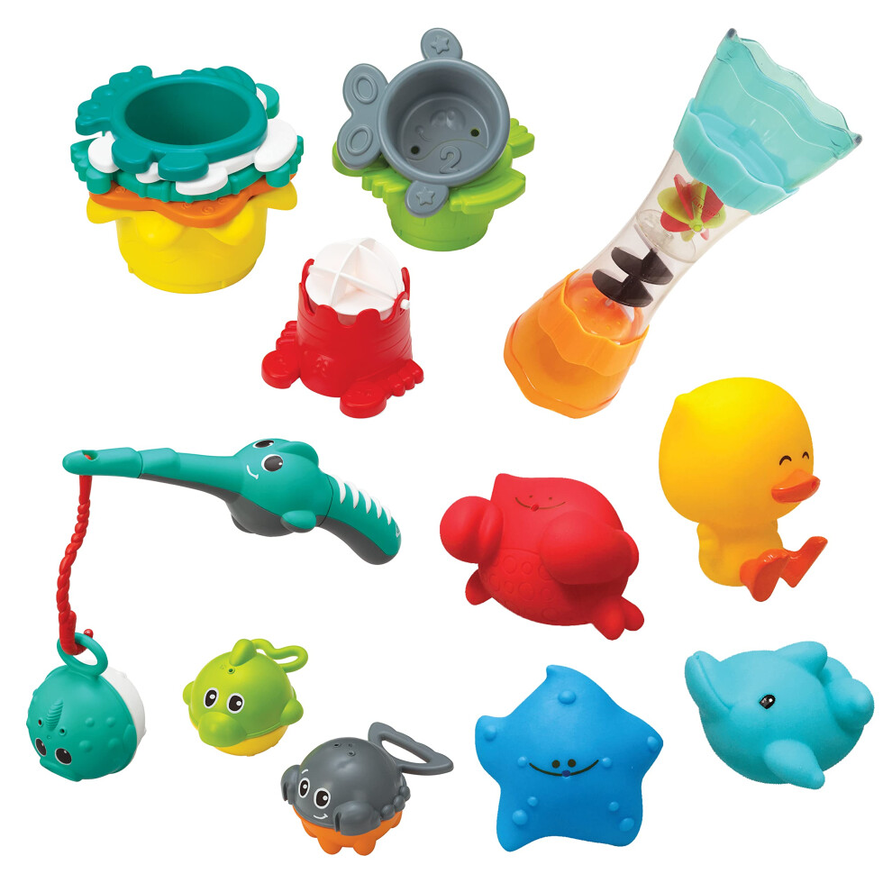 Infantino Splish  Splash Bath Play Set  Fishing Rod  Sea Pals  Bath Squirters  Stacking Cups  Fill  Spin Water Wand  Introdu