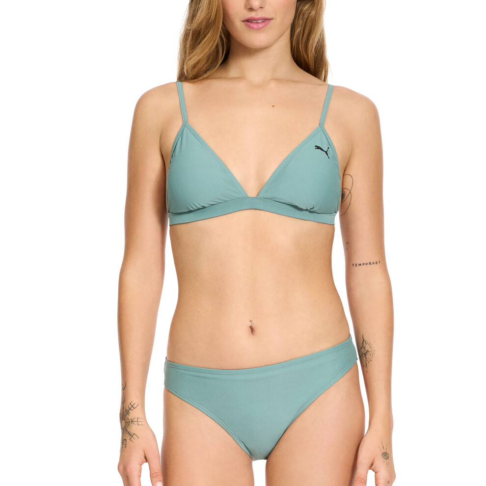 PUMA Womens Triangle Bikini Top  Bottom Swimsuit Set  Teal  Small