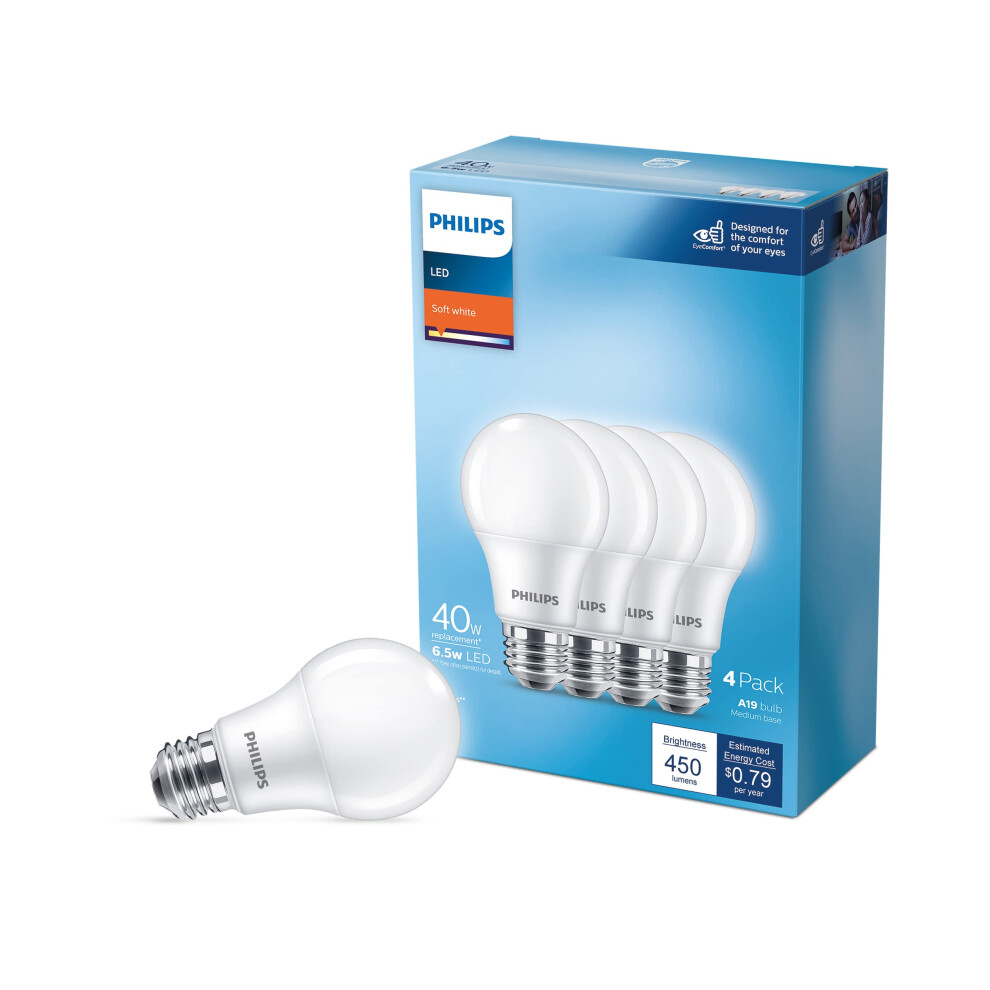 Philips A19 E26 Medium LED Bulb Daylight 40 Watt Equivalence 4 pk  Soft White 2700k