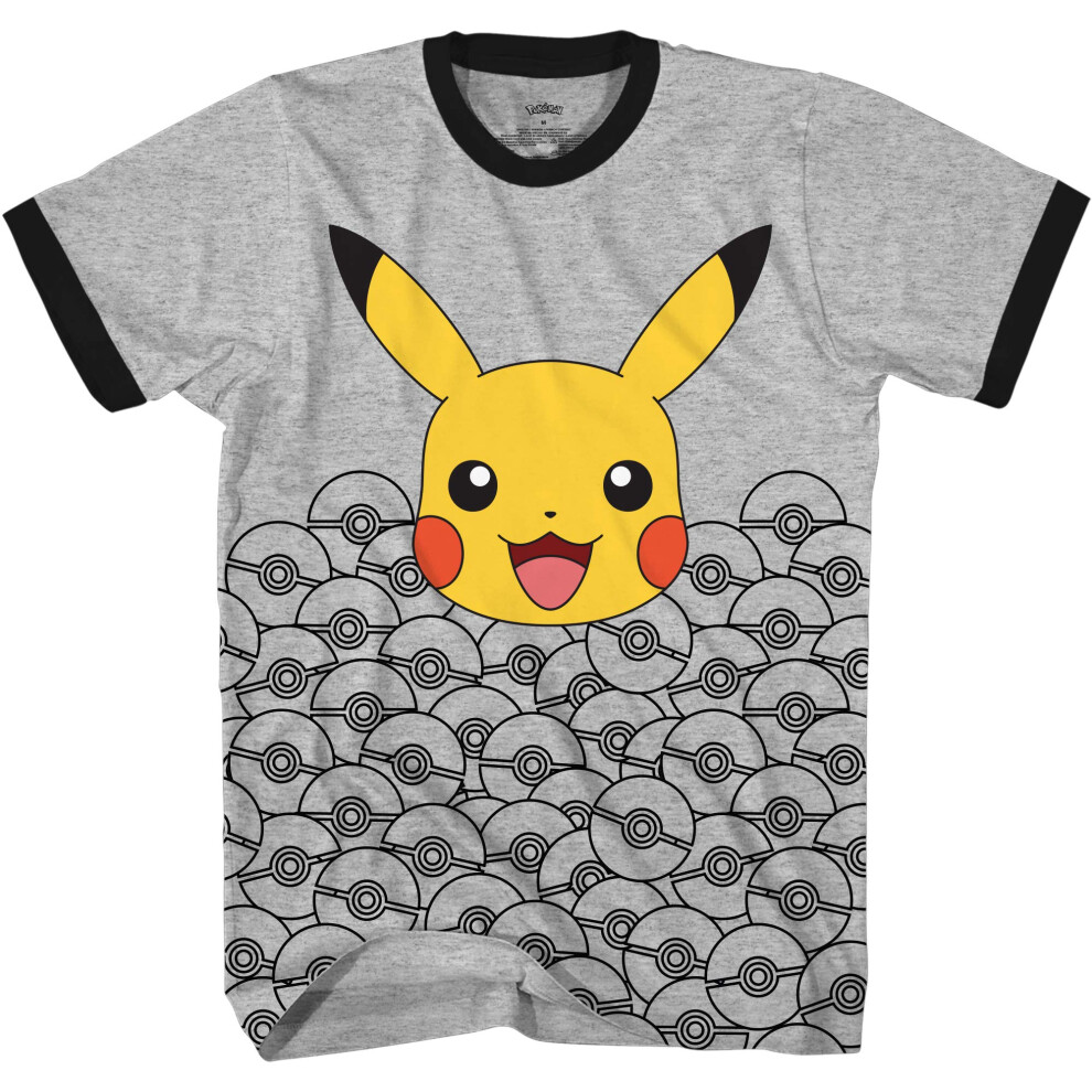 Pokemon Boys Pikachu Game Shirt  Gotta Catch Em All  Ash Pikachu Charizard Pokeball Allover Official TShirt Heather Grey Bla