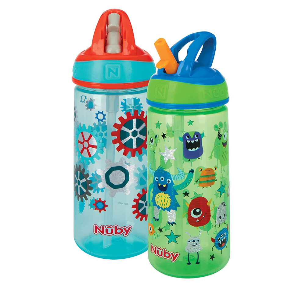 Nuby 2 Pack Iridescent Flipit Kids OnTheGo Printed Water Bottle with Bite Proof Hard Straw  18oz  540 ml  18 Months  2 pk