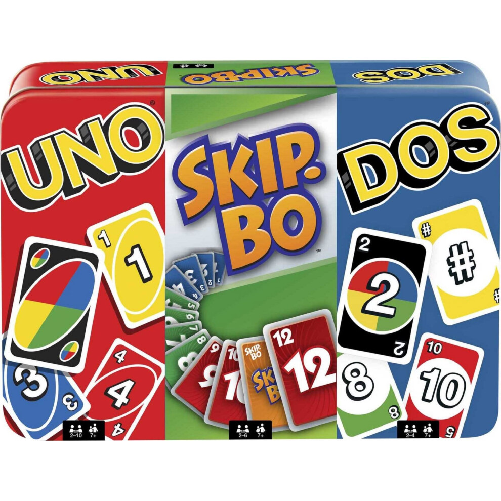 Mattel Games Set of 3 Games with UNO  SkipBo  DOS  Travel Games for Kids  Family Night with Storage Tin Box