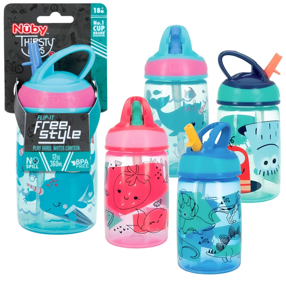 Nuby Flipit Kids OnTheGo Printed Water Bottle with Bite Proof Hard Straw  12oz  360 ml  18 Months  1 Pack of 1 Piece  Prin